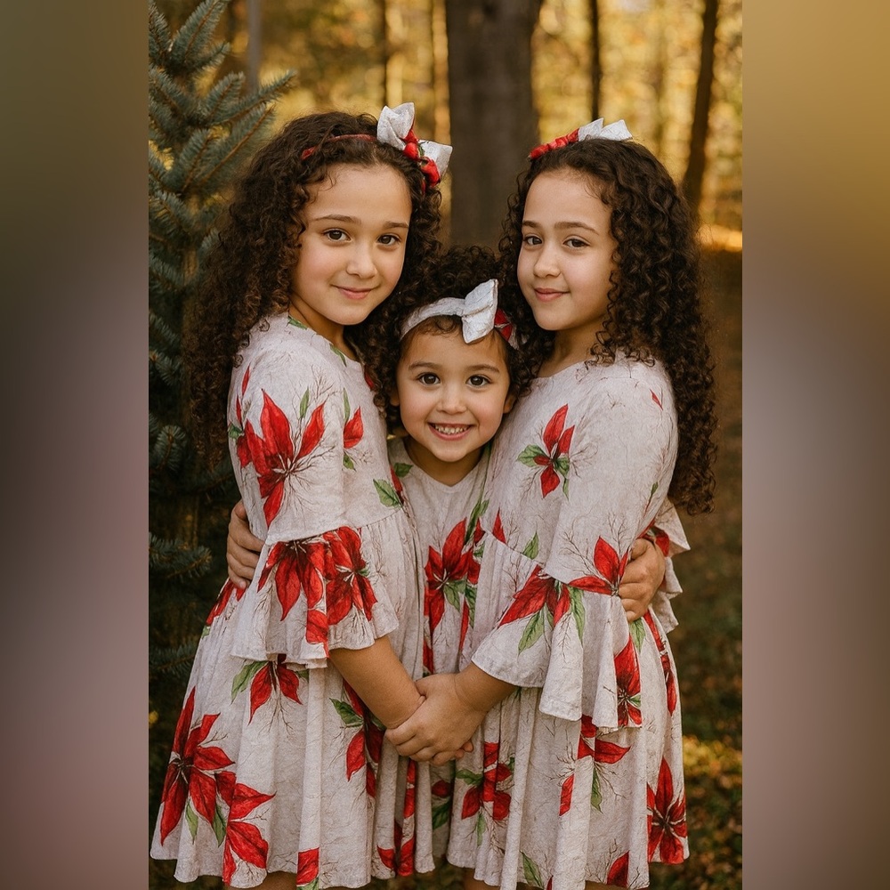Girls Christmas Poinsettia Twirl Dress – Bell Sleeves, Christmas outfit dresses